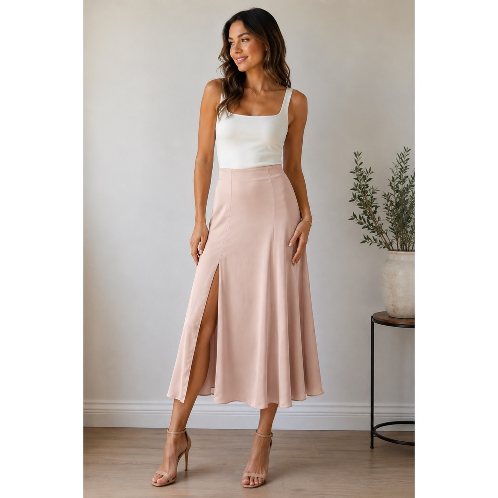 Wilfred Aritzia Camille Midi Skirt Blush Pink Satin Side Slit Size S NEW $110